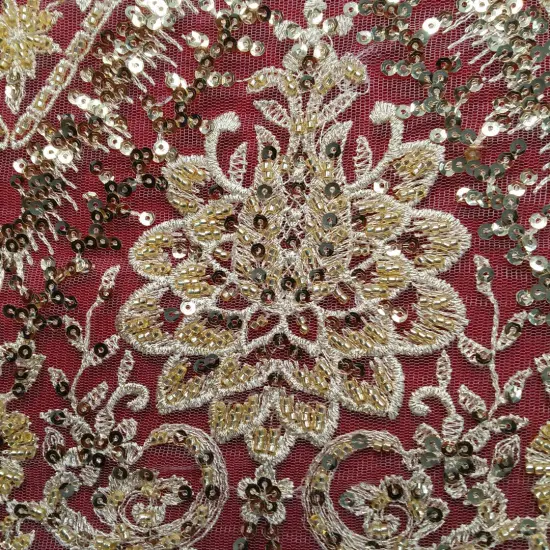 1 Yard Gold Beaded & Sequined Embroidered Lace Fabric on 100% Polyester Mesh, 52" Width {1}