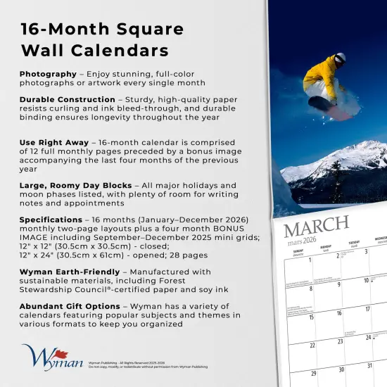 Snowboarding | 2026 12 x 24 Inch (Hanging) Monthly Square Wall Calendar {6}