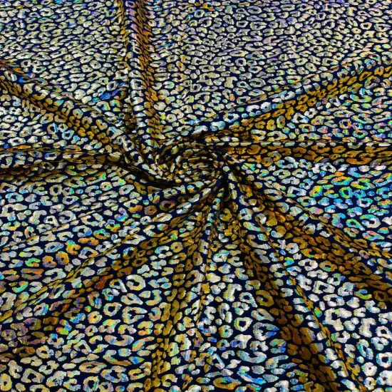 1 Yard Foil Leopard Print Spandex Fabric Reflective Milliskin Stretch Nylon Blend 58-60 inches width Gold Iridescent Blk {1}