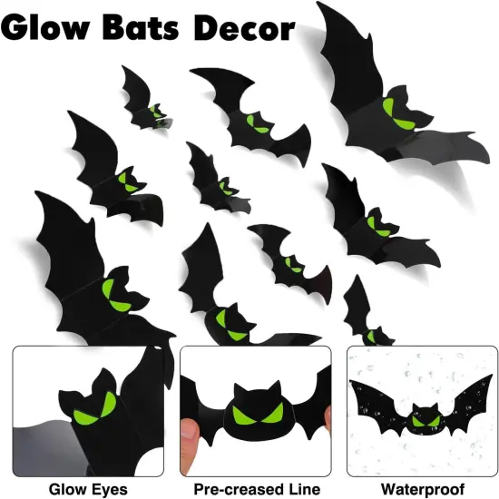 144 Pcs Bats Wall Decor, Glow in The Dark {3}