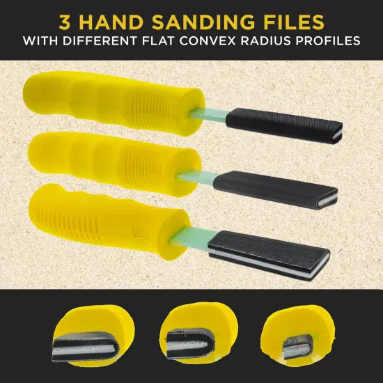 Dura-Gold Set of 3 Different Contour Hand Sanding File Block Sticks with 40 Sheet Hook & Loop Sandpaper Kit - Flat Convex Radius Profile Shapes {3}