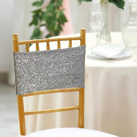 10 Pieces Shimmering Silver Sequin Stretch Spandex Chair Bands 7 x 13 Inches {3}