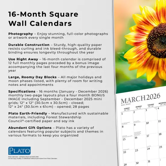 Sunflowers | 2026 12 x 24 Inch (Hanging) Monthly Square Wall Calendar | Foil Stamped Cover {6}