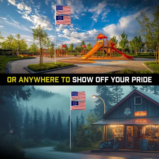 G128 Combo Pack: 20 Ft Telescoping Aluminum Flagpole (Silver) & American and Betsy Ross 1776 Flags 3x5 Ft, Both ToughWeave Series Embroidered Polyester | Pole with Flags Included {6}