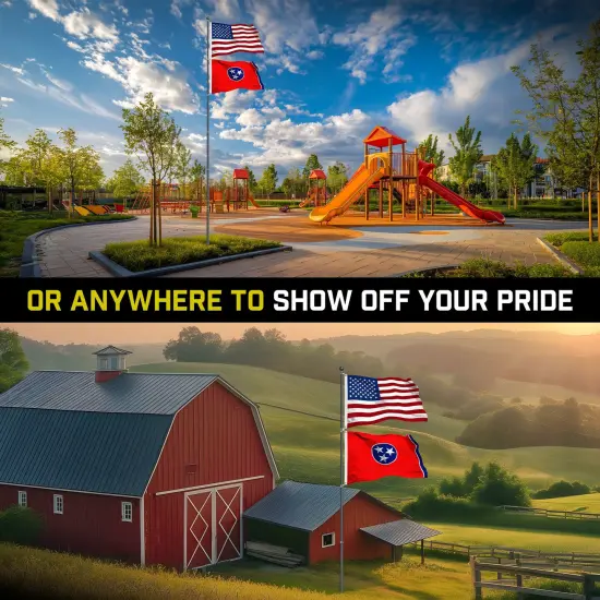 G128 Combo Pack: 25 Ft Telescoping Aluminum Flagpole (Black) & American and Tennessee Flags 3x5 Ft, Both StormFlyer Series Embroidered 220GSM Spun Polyester | Pole with Flags Included {6}