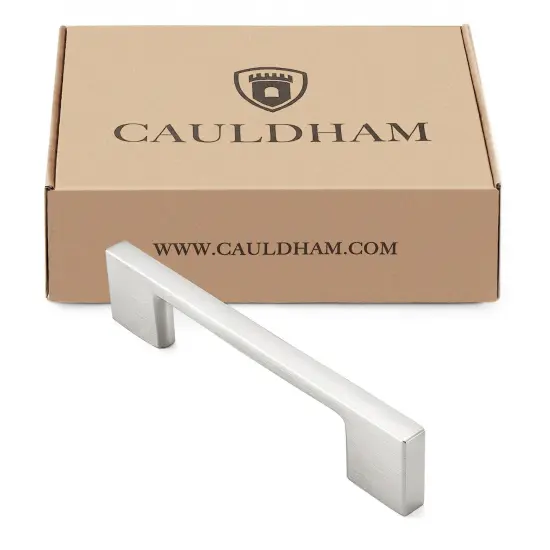 Cauldham Solid Kitchen Cabinet Pulls Handles (3-5/8" Hole Centers) - Modern Thin Profile Drawer/Door Hardware - Style M255 - Satin Nickel {4}
