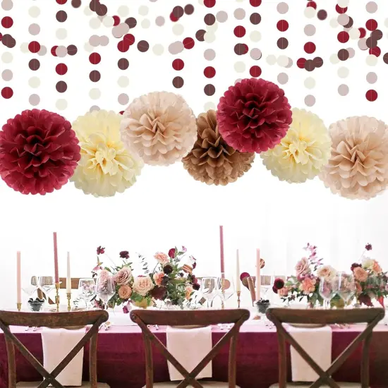 Brown Burgundy Champagne-Gold Party-Decorations - 30pcs Rustic Boho Wedding Tissue Pom-Poms Streamers ,Fall Autumn Tassel Garland Banner,Birthday Baby Bridal Shower Engagement Decor {4}