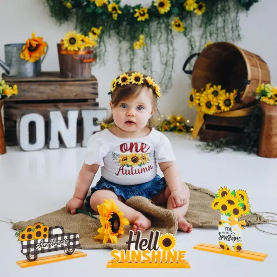 3pcs Sunflower Wooden Table Centerpiece Sign Decoration, Hello Sunshine Wood Tabletop Signs, Summer Farmhouse Tiered Tray Table Topper Signs Decor for Home Kitchen Party Favor Photo Props {4}
