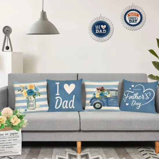 Happy Fathers Day Pillow Covers 18x18 Set of 4 Blue Floral Throw Pillow Covers I Love Dad Cushion Covers Pillow Case Gift for Papa grandpa Birthday Home Outdoor Sofa Decoration (18 by 18) {5}