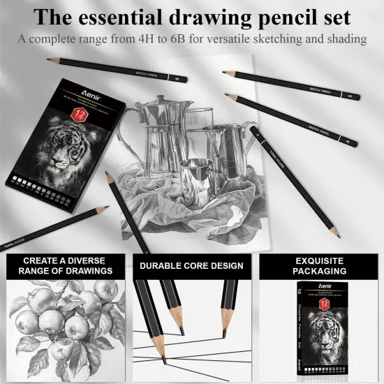 Sketching Pencils for Drawing, Set of 12 Drawing Pencils for Sketching Medium (6B - 4H), Artist Graphite Pencils for Drawing, Sketch Pencils for Artists for Sketching Supplies, Drawing Art Supplies. {5}