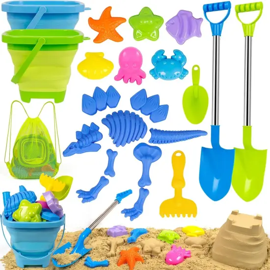 Summer Beach Sand Toys Set Includes Collapsible Buckets 2 Big Size Sand Shovels, Rake, Animal Sand Molds Toys with Mesh Bag, Sandbox Kit for Kids Age 3+(22 PCS) {1}