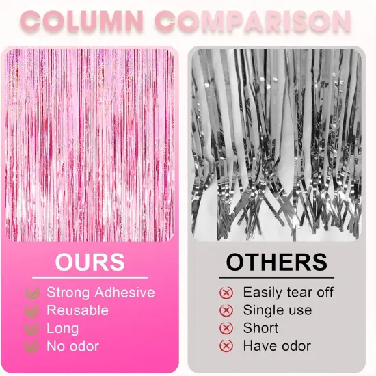 2 Pack Laser Pink Tinsel Foil Fringe Curtains, Valentines Day Pink Decorations, Metallic Tinsel Party Streamers Backdrop for Birthday Bachelorette Graduation Wedding Party Decorations {5}