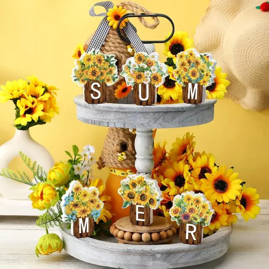 6 Pcs Sunflower Wooden Table Signs Decoration Summer Farmhouse Tiered Tray Decor Flowers Tabletop Centerpiece for Home Kitchen Shelf Decor Party Favor(Sunflower) {5}