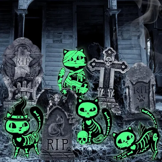8PCS Halloween Decorations Outdoor, 4pcs Glow in the Dark Black Cat 4pcs Graveyard Tombstones Signs {4}