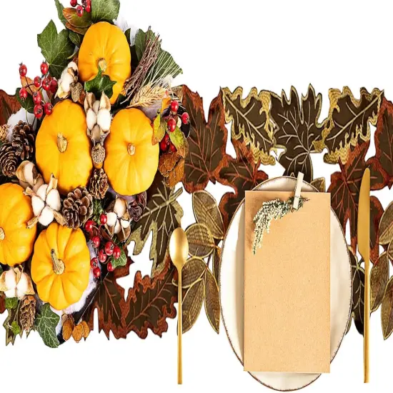 Fall Thanksgiving Table Runner with Embroidered Maple Leaves {4}