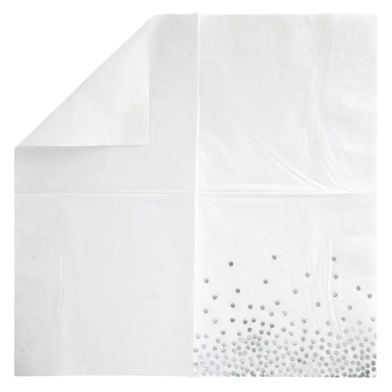 50 Pack Silver Foil Polka Dots Paper Napkins, 6.5 Inch White and Silver Confetti Style Cocktail Napkins for Wedding, Anniversaries, Birthdays, Parties (3-Ply) {6}