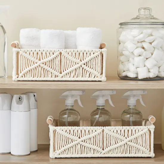 Set of 2 Macrame Storage Baskets, Woven Bins with Wood Handles for Home Decor (Ivory) White {3}