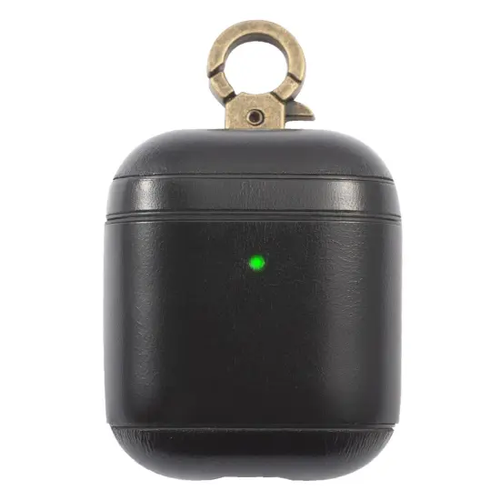 Insten Genuine Leather Case Compatible with Airpods 2 & 1 Carrying Case with Anti Loss Keychain Hook, Front LED Light Visible, Full Body Protective Skin Cover For Women Men Girls Boys, Black {7}