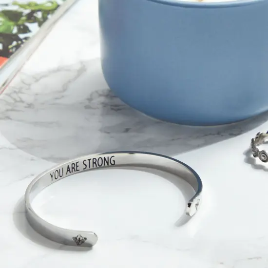 Inspirational Wrist Cuff Bracelet for Women, You Are Strong (2.6x2 In) Silver {2}