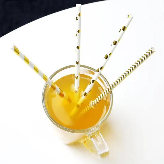 Paper Straws - 160-Pack Gold Colored Fun Biodegradable Drinking Straws with Coral Stripes, Polka Dot, Chevron, and Star Designs {3}