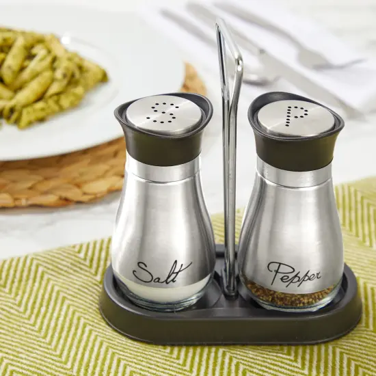 Juvale Stainless Steel Salt and Pepper Shakers Set with Holder, Refillable, Clear Glass Bottoms, Screw-Off Perforated "S" and "P" Caps for Kitchen Table Decor (4oz) Silver {2}