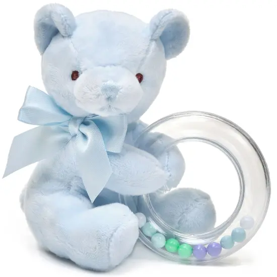 Bearington Baby Polky Blue Plush Stuffed Animal Teddy Bear Shaker Toy Ring Rattle, 5", For Ages 0-14 {1}