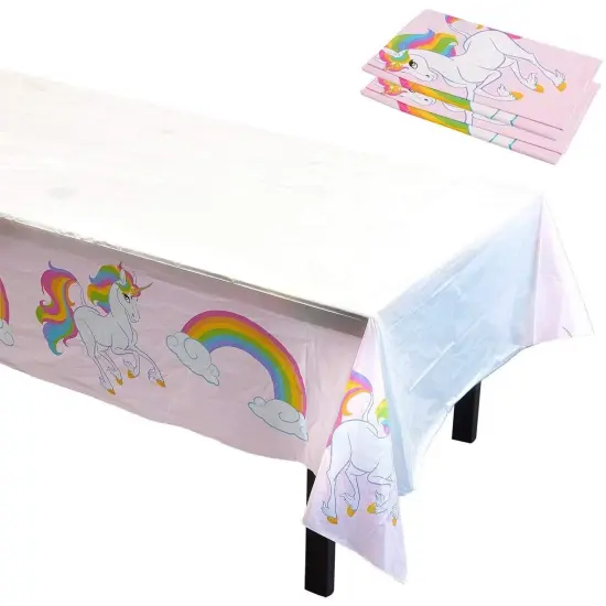 Blue Panda Unicorn Rainbow Party Supplies- 3 Pack Disposable Plastic Rectangular Tablecloths Kids Birthday, Table Cover Decorations in Pink White, 54 x 108 inches Multicolor {4}