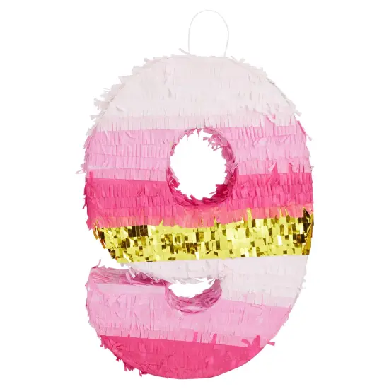BLUE PANDA Number 9 Pinata, Pink and Gold for Kids Ages 3&ndash;14 Birthday Party Decorations, Fiesta, Anniversary Celebration, Small (16.5 x 11 x 3 In) {6}