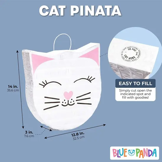 Cat Pinata for Kitty Birthday Party Supplies, Kitten Themed Decorations (14x12.8x3 in, Small), For Ages 3+ White {5}
