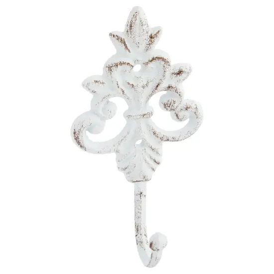 Set of 3 Cast Iron Wall Hooks, French Country Farmhouse Design, Includes Screws and Anchors (6.5 In, White) {6}