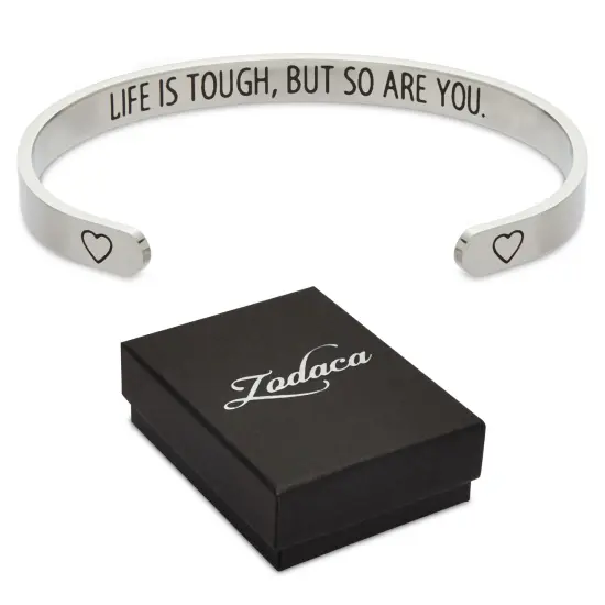 Inspirational 7" Silver Cuff Bracelet for Women, Motivational Engraved Bangle, Life is Tough but So Are You (One Size Fits Most) {3}
