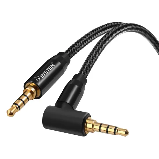3.5mm Audio Cable, 90 Deg MM, TRRS 2CH Mic, Nylon Braid Jacket, 1.5 Feet Black {5}