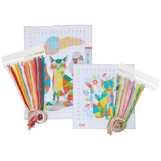 Pack of 2, Fox and Cat Stamped Counted Cross Stitch, Embroidery Beginner Kit with 11 CT Cloth, Needles, Thread Multicolor {1}