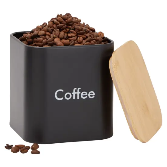 Coffee Tea Sugar Container Set - Black Iron Kitchen Canister Set with Bamboo Lids (3 Pieces, 48 oz) {6}