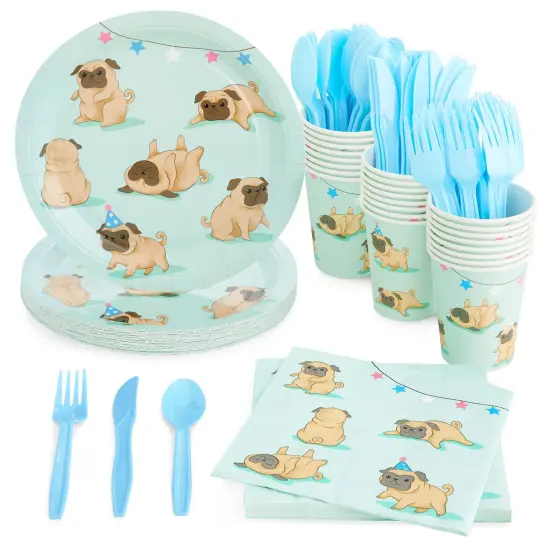 144 Piece Pug Party Supplies, Dog Birthday Decorations with Paper Plates, Napkins, Cups, and Cutlery (Serves 24) Blue {1}