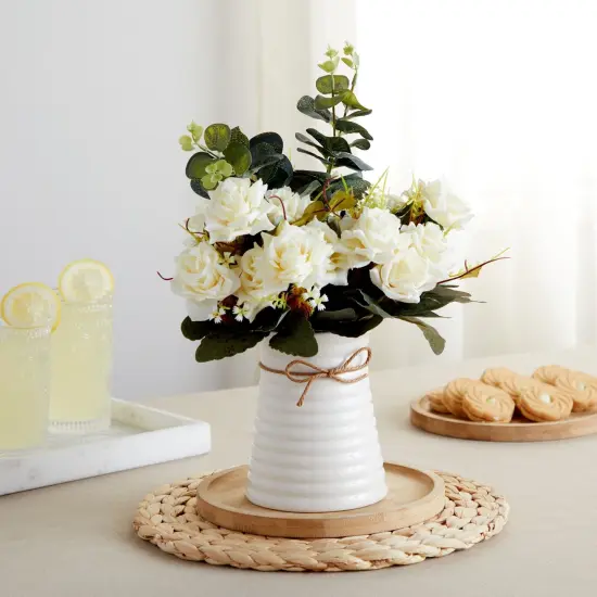 White Roses Flower Vase, Silk Artificial Flowers Arrangement with Ceramic Pot (6.3"D x 6.2"W x 12"H) {2}