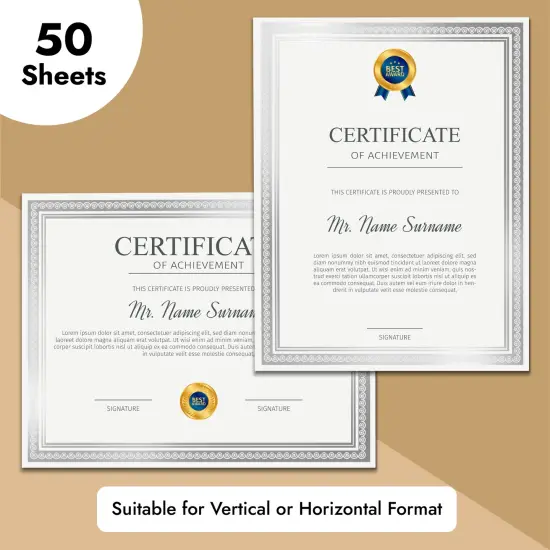 50 Sheets Silver Foil Certificate Paper for Printing - Customizable Blank Cardstock with Border for Graduation Diploma, Achievement Awards, Recognition Documents (8.5 x 11 in, White) {4}