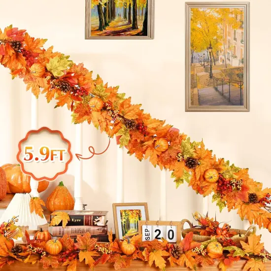 5.9 FT Fall Garland Pumpkins, Pinecones Berries & Maple Leaves with Lights - 1 PC {5}