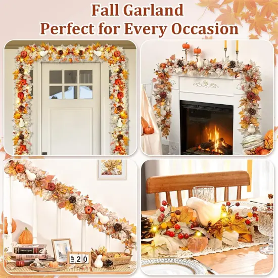 Fall Leaves Garland with Lights, Pumpkins Pinecones Berries Maple Leaves - 1 PACK {3}
