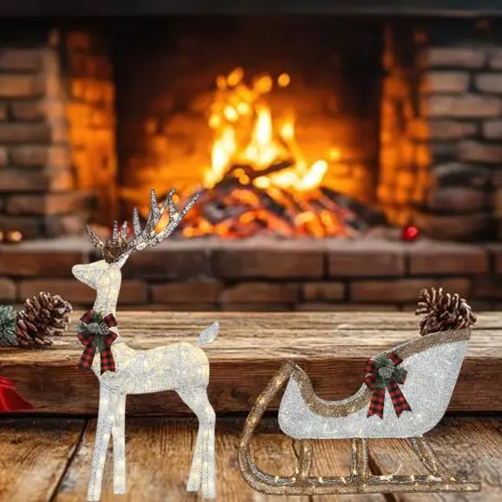 48" Silver Deer & 38" Sleigh Set Pre-Lit Holiday Yard Decoration {1}