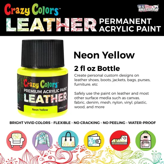 Neon Yellow Premium Acrylic Leather and Shoe Paint, 2 oz Bottle - Flexible, Crack, Scratch, Peel Resistant - Artist Create Custom Sneakers, Jackets, Bags, Purses, Furniture Artwork {2}