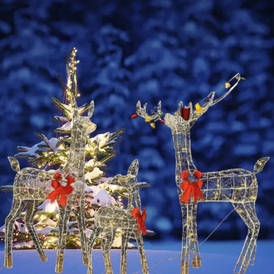 Prelit Outdoor Deer Family Trio with Iridescent PVC and Red Bows 52"+46"+29" {2}