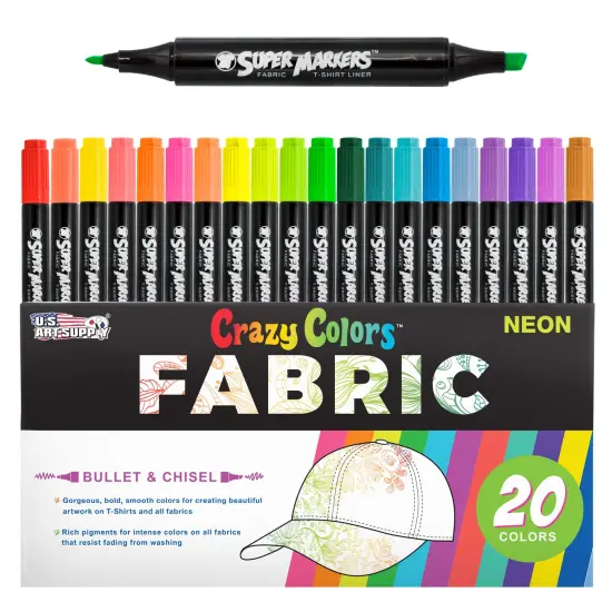 Super Markers 20 Unique Neon Colors Dual Tip Fabric & T-Shirt Marker Set - Double-Ended Fabric Markers with Chisel Point and Fine Point Tips {1}