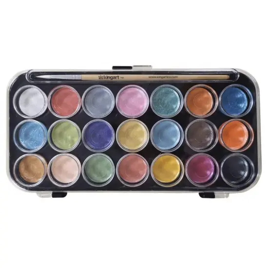 KINGART&reg; Watercolor Pan Set, Pearlescent Colors, 21 Unique Shades & Paint Brush {2}