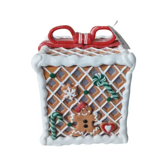 7.9" Gingerbread Candy Gift Box Christmas Decoration with Bow - Red {3}