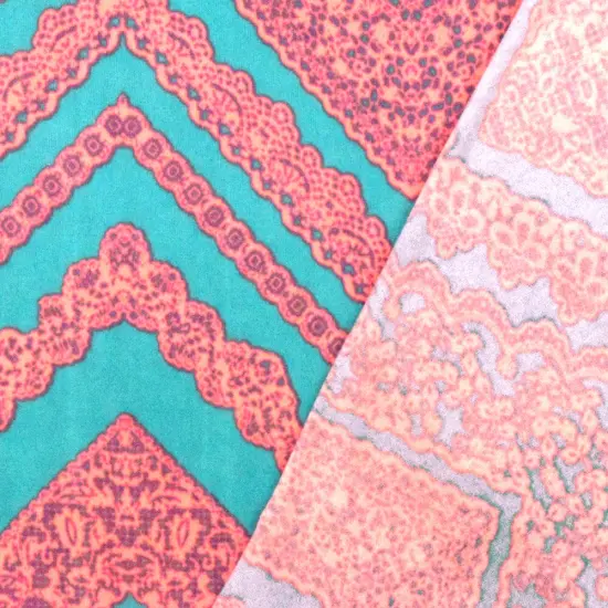 Aqua Teal-Neon Coral Lace Chevron Printed Double Brushed ITY Knit Fabric By the Yard {4}