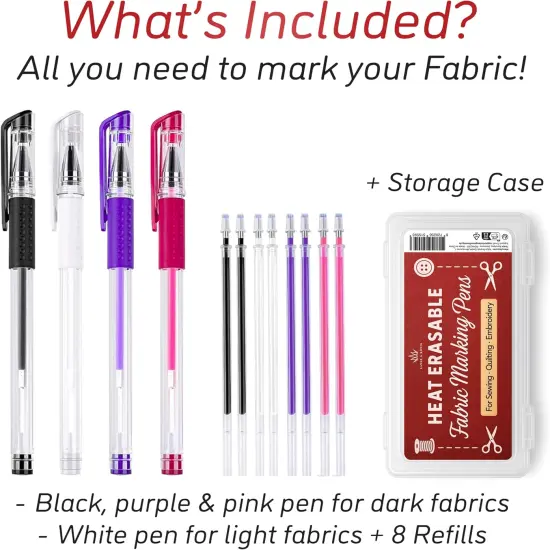 Heat Erasable Fabric Marking Pens - 4 Pens + 8 Refills (White, Purple, Pink, Black) {2}