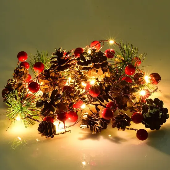 6.7FT Christmas Garland with Lights, 20 LED Red Berry Pine Cone Garland Lights Battery Operated {5}
