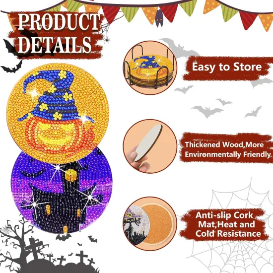 8 PCS Halloween Diamond Art Coasters, DIY Horror Diamond Painting Coasters {4}