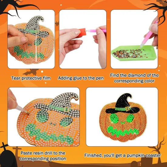9PCS Halloween Diamonds Painting Coasters With Holder {3}